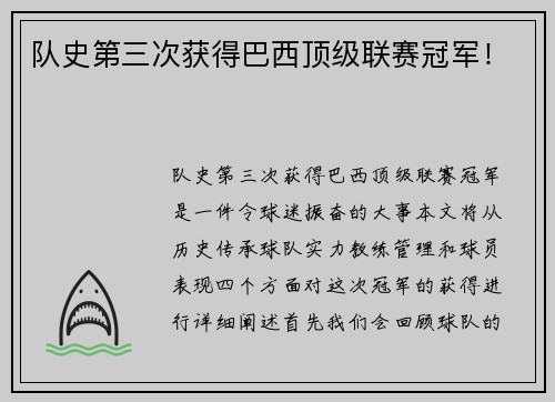 队史第三次获得巴西顶级联赛冠军！